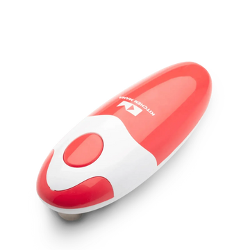 Red and white electronic can opener on a white background