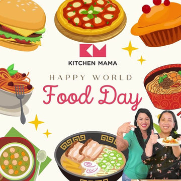 Illustration for World Food Day with Kitchen Mama logo, various foods, and two smiling women holding plates.