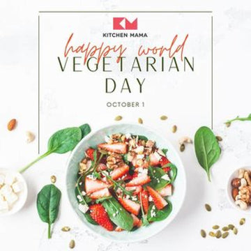 Vibrant World Vegetarian Day image with Kitchen Mama logo, spinach-strawberry salad, and scattered ingredients.