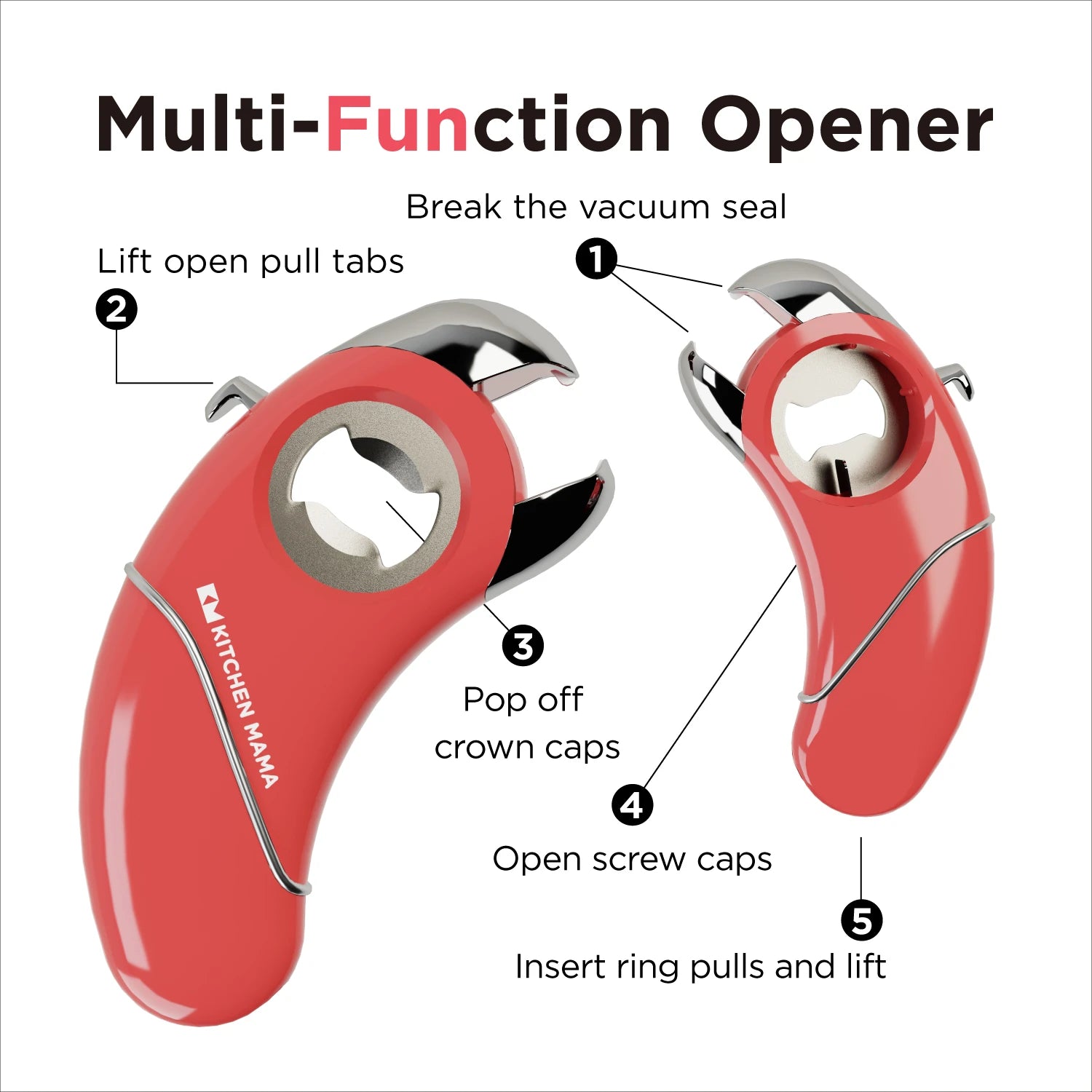 Red multi-function Epic One opener with labeled features on a white background