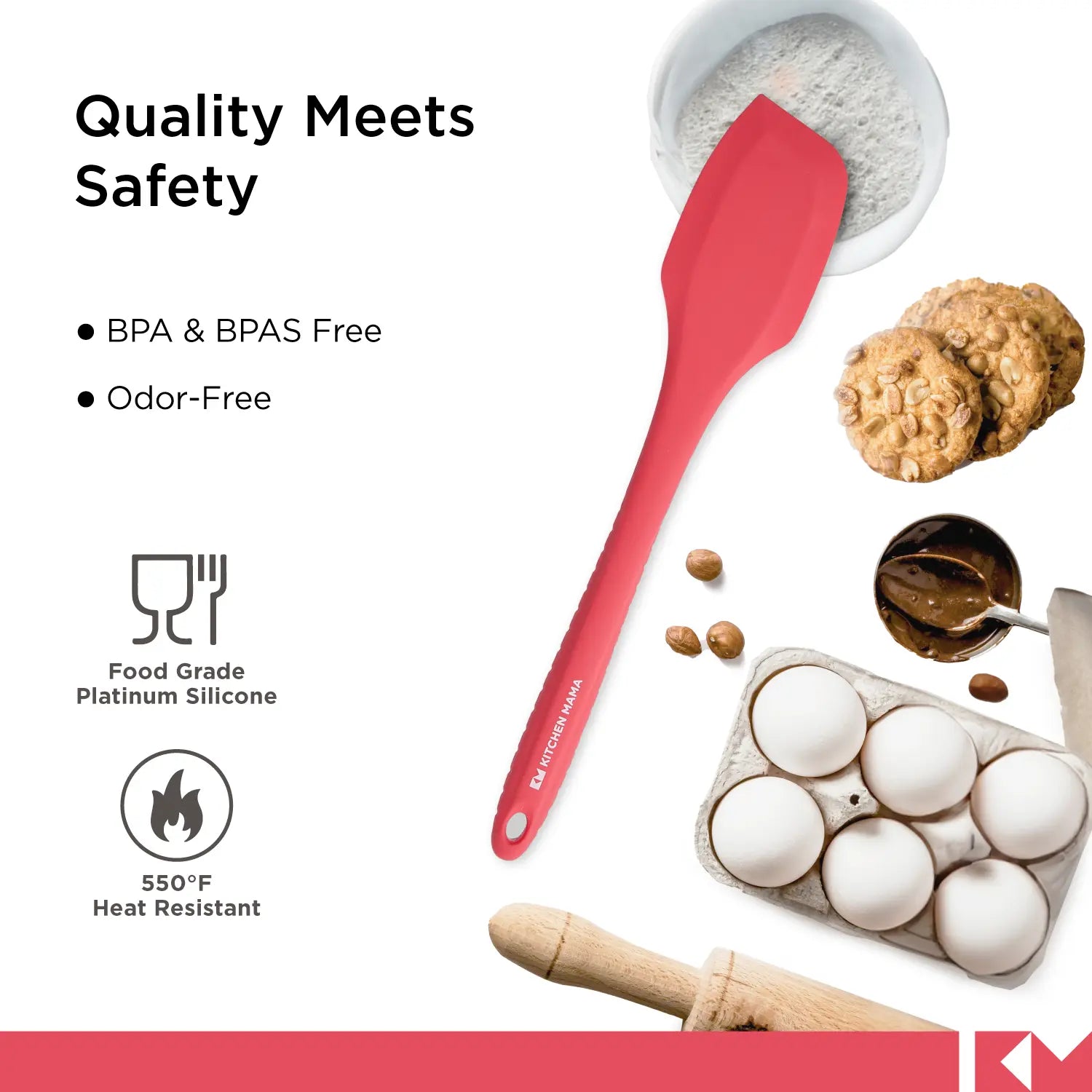 Kitchen Mama Silicone Scraping Spatula, Red, SP0310-R, quality meets safety, BPA and BPAS Free, Odor Free, Food Grade Platinum Silicone