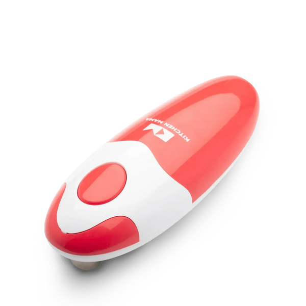 Red and white electronic can opener on a white background