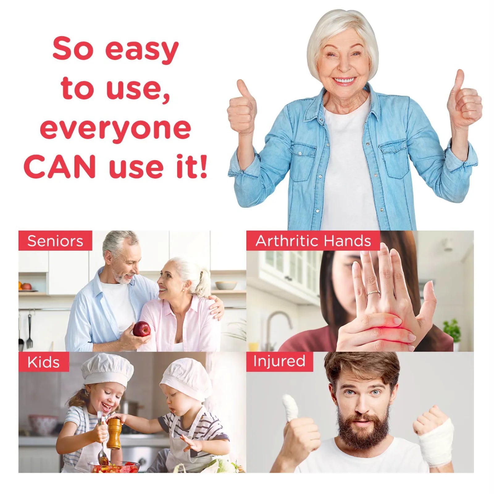 Image with a woman giving a thumbs up, text 'So easy to use, everyone CAN use it!', and images of people with different needs.