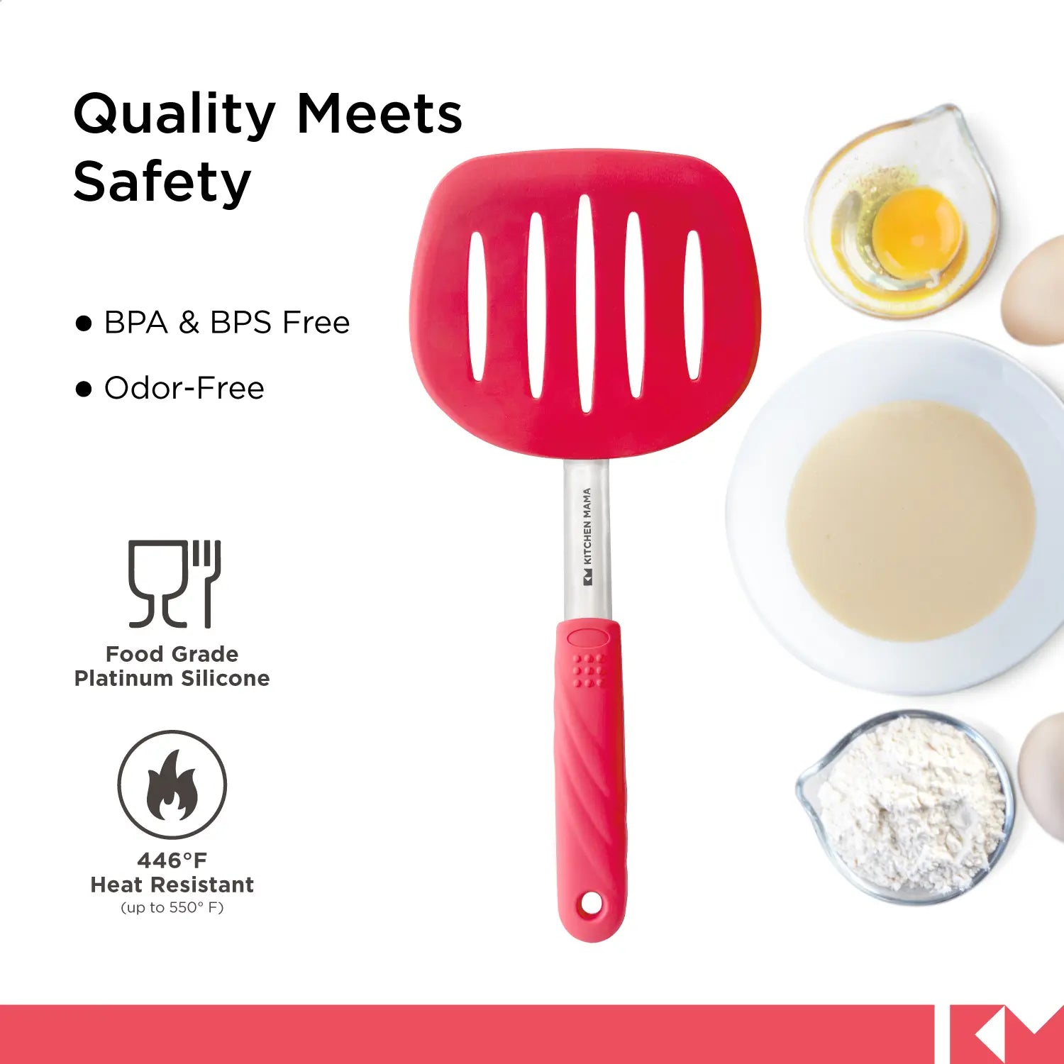 Platinum Silicone Pancake Turner - Heat-Resistant Wide & Slotted Spatula, SP0510-R, quality meets safety, BPA and BPS free, Odor-Free, food grade platinum silicone