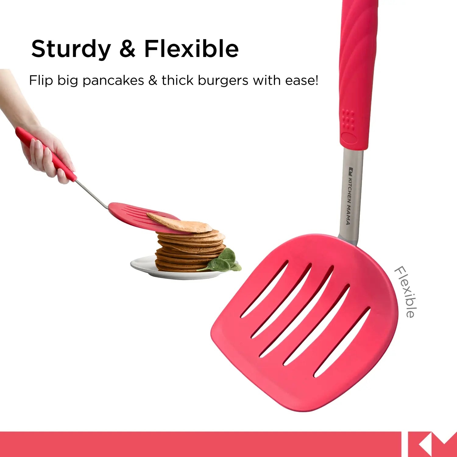 Platinum Silicone Pancake Turner - Heat-Resistant Wide & Slotted Spatula, SP0510-R, sturdy and flexible, flip big pancakes and thick burgers with ease