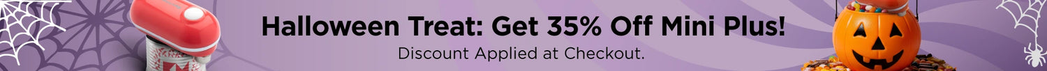 Promotional banner for Halloween treat with discount offer on a purple background. Get 35% off Mini Plus. Discount applied at checkout