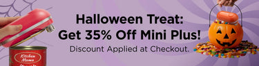 Promotional banner for Halloween treat with discount offer on a purple background. Get 35% off Mini Plus. Discount applied at checkout
