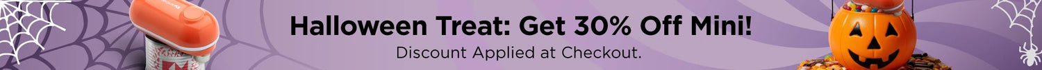 Promotional banner for Halloween treat with discount offer on a purple background. Get 30% off Mini. Discount applied at checkout