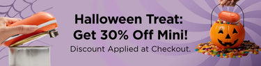 Promotional banner for Halloween treat with discount offer on a purple background. Get 30% off Mini. Discount applied at checkout