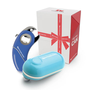 Kitchen Mama Gift Box Mini Epic One, COMO1200GS-BB, Mini Electric Can Opener - The Smallest Electric Can Opener, Blue, CO1200-B, battery operated can opener, electric can openers for kitchen, orange electric can opener, can openers prime for seniors with arthritis, portable can opener, space saver can opener
