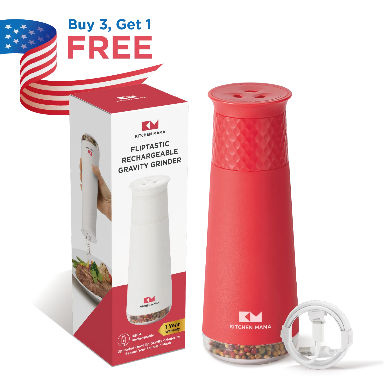 Kitchen Mama FlipTastic Rechargeable Gravity Grinder Red