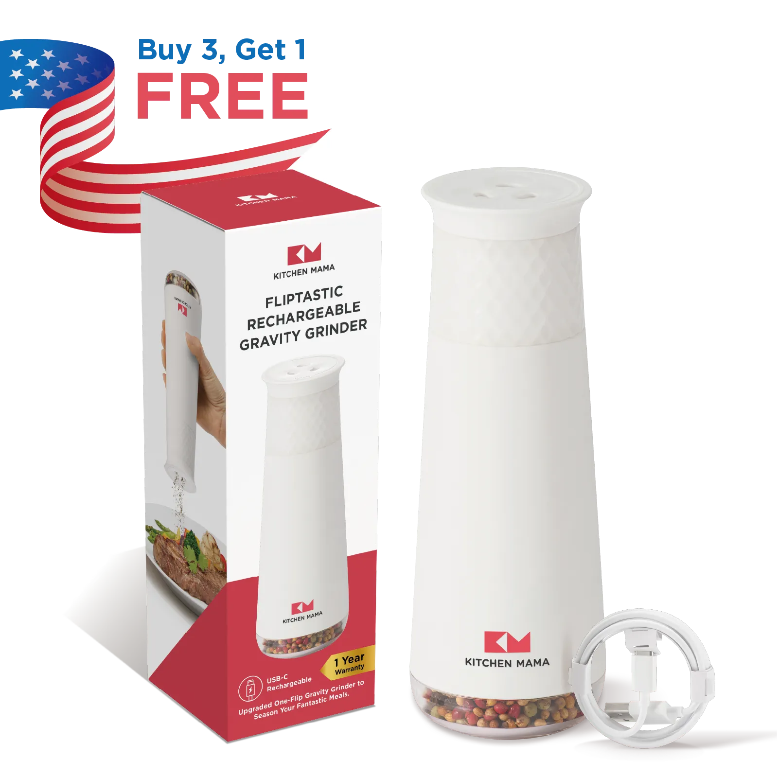 Kitchen Mama FlipTastic Rechargeable Gravity Grinder White