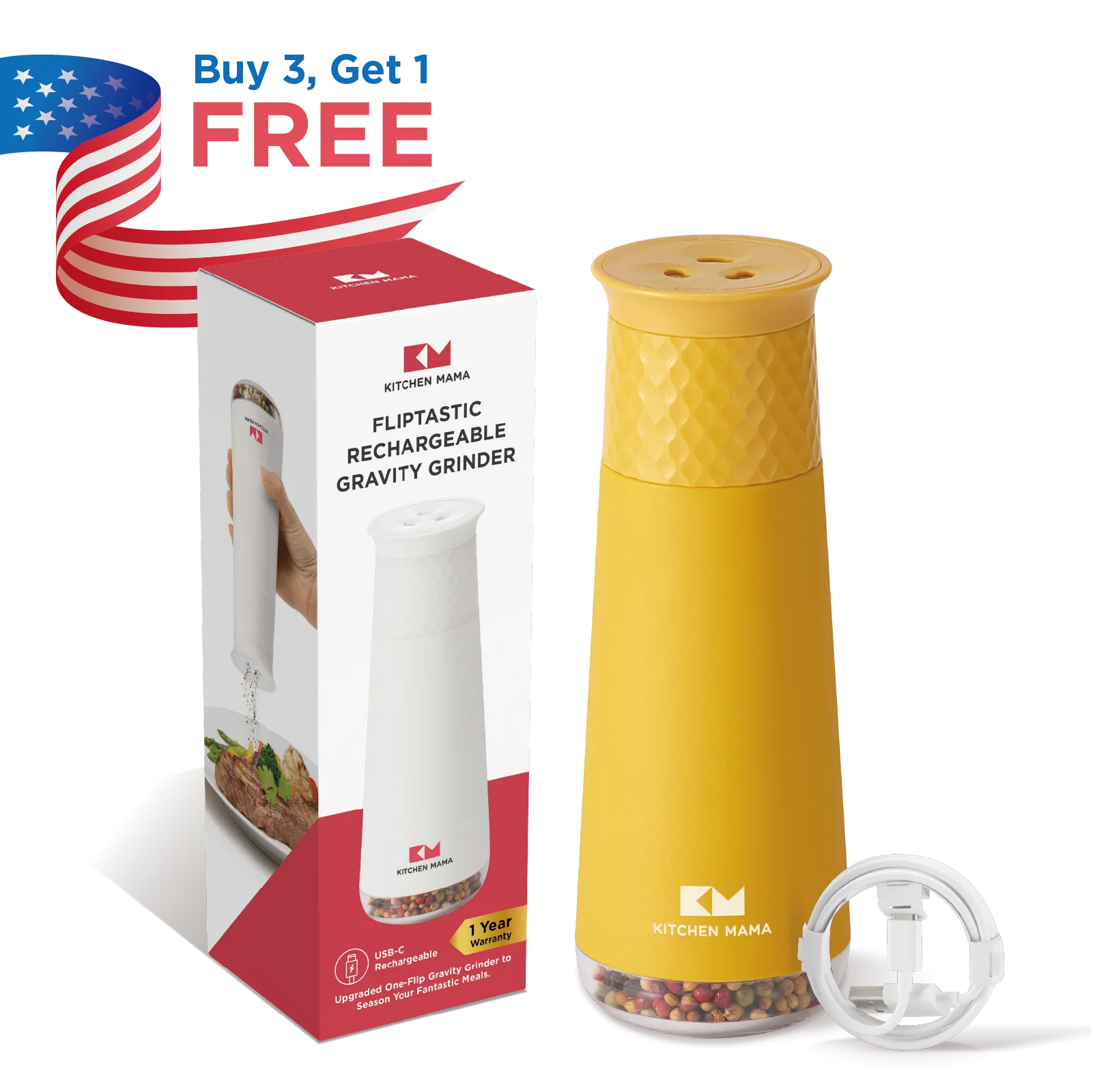 Kitchen Mama FlipTastic Rechargeable Gravity Grinder Yellow