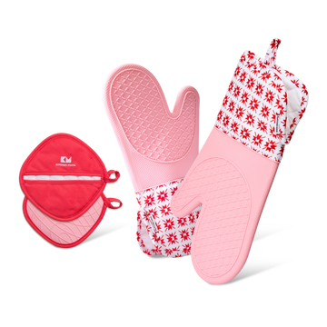 Kitchen Heat Protection Duo: Oven Mitts + Pot Holder Gem-Red