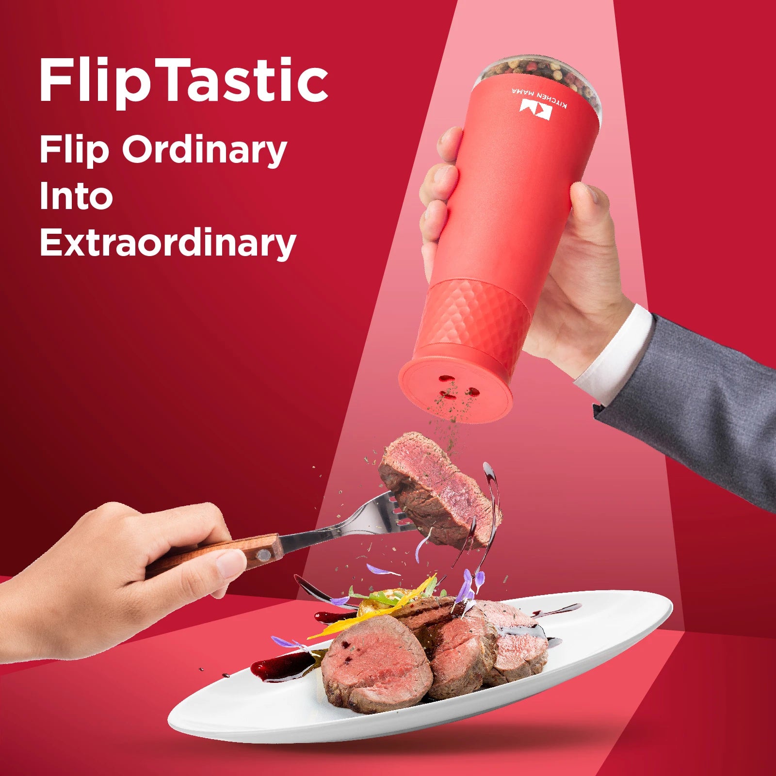 Red pepper grinder being used on a plate of food with 'FlipTastic' branding.