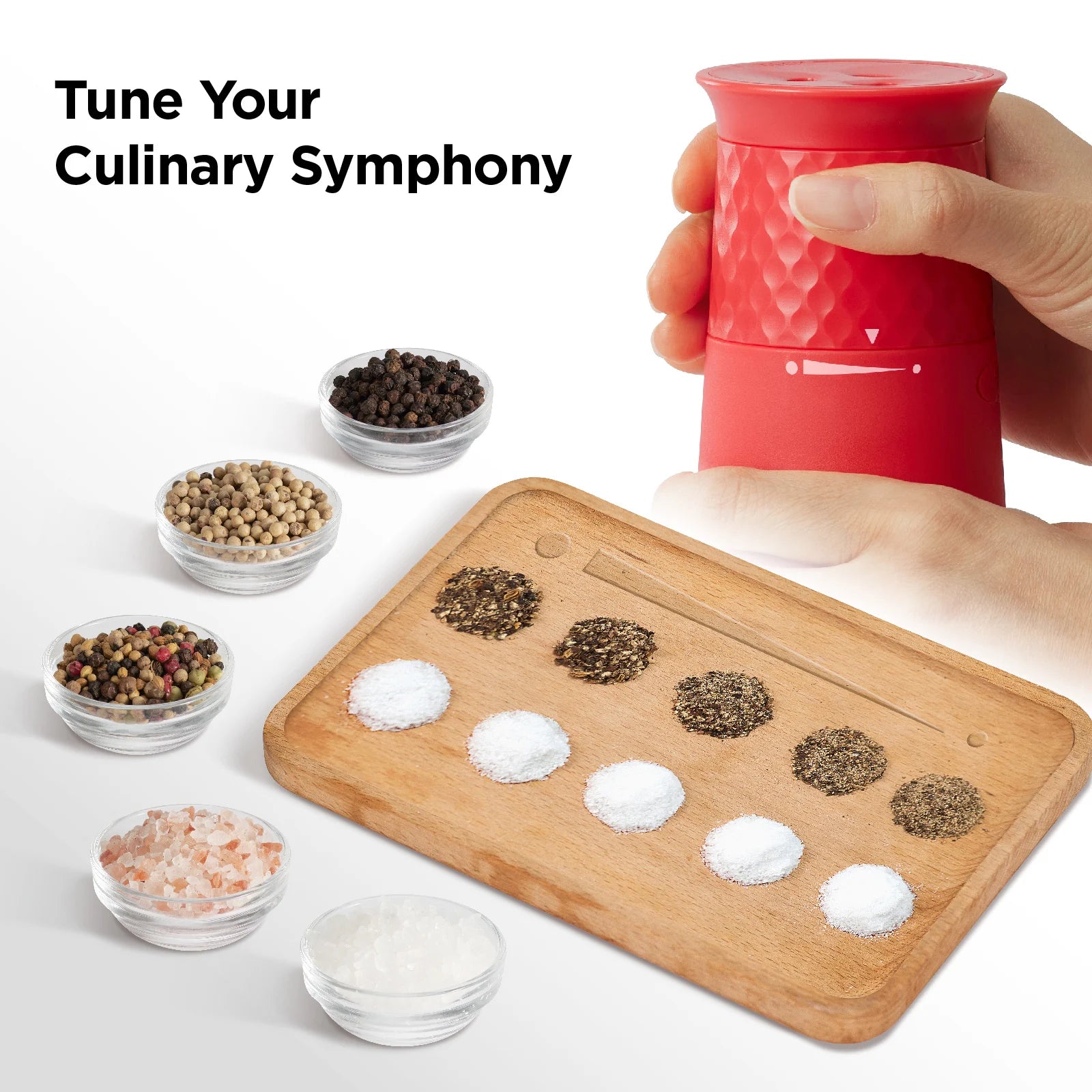 Red pepper grinder held over a wooden cutting board with various spices and text 'Tune Your Culinary Symphony'.