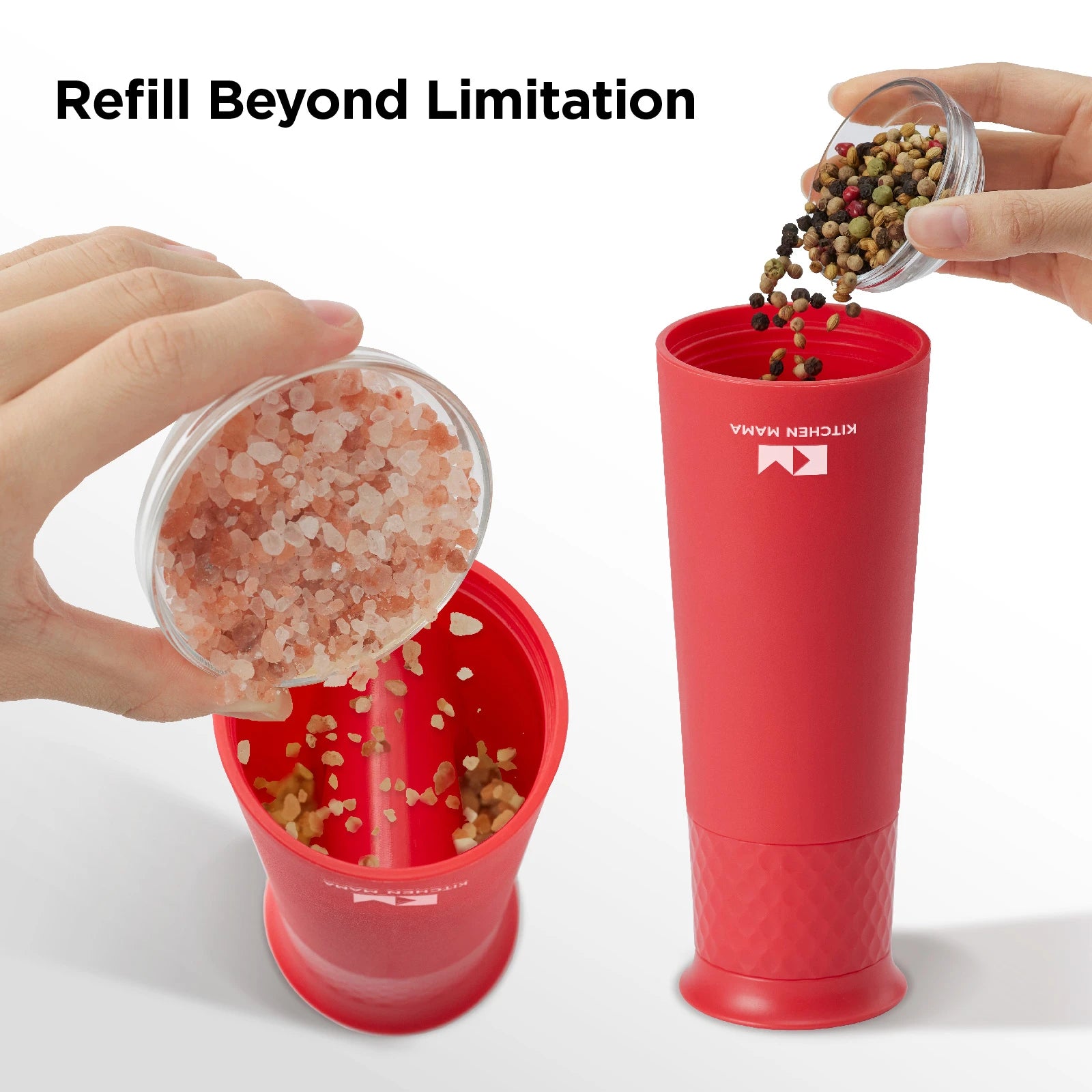 Red spice grinder with hands adding spices, labeled 'Refill Beyond Limitation'.
