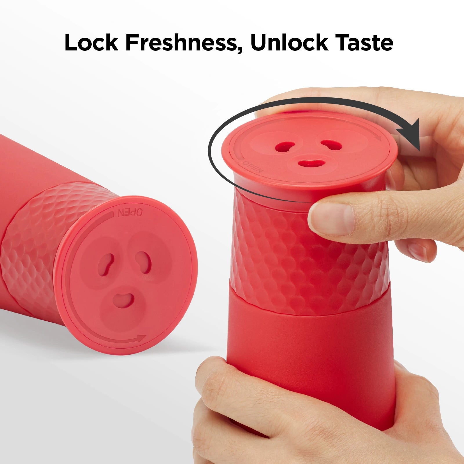 Red grinder, freshness and taste lock mechanism.