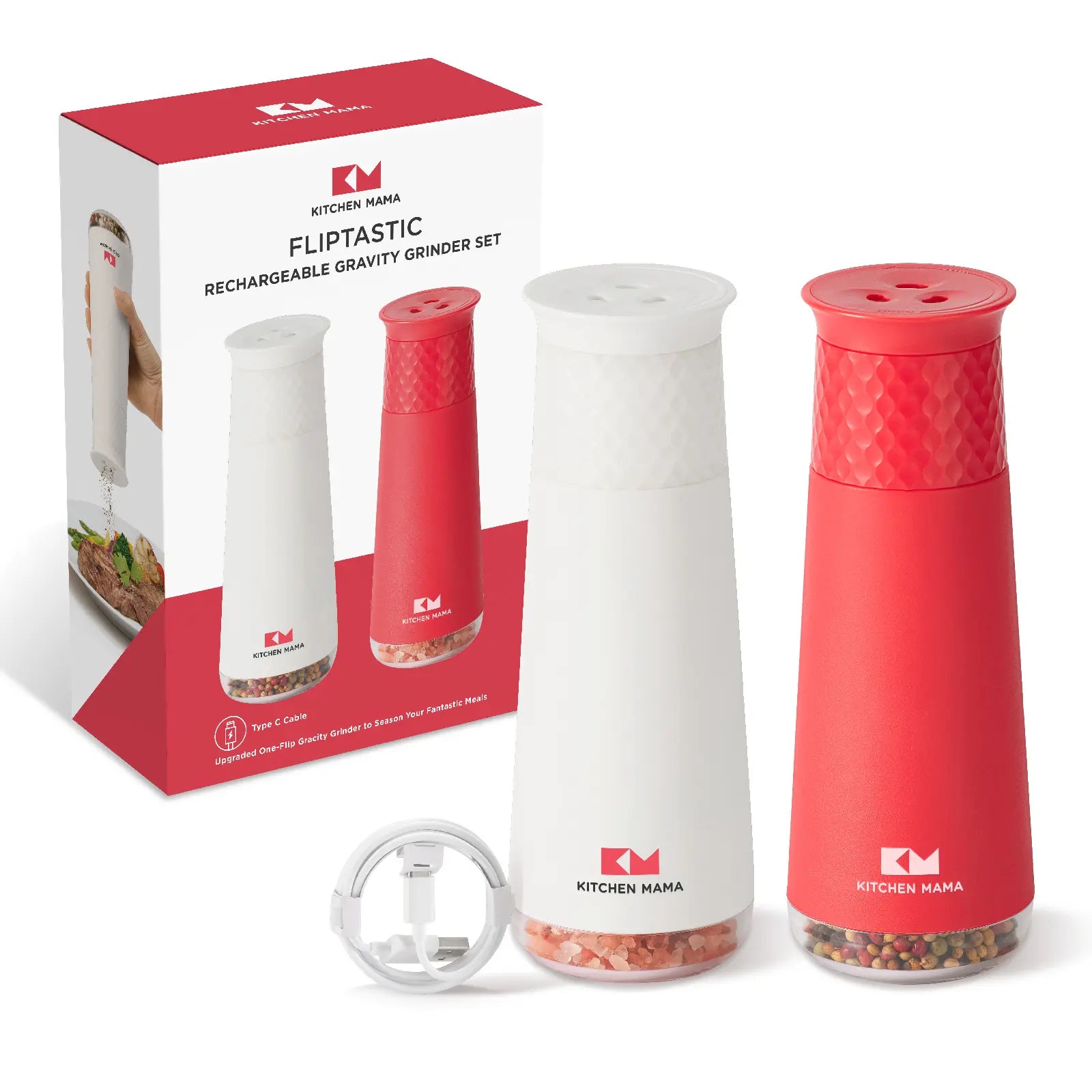 Kitchen Mama Rechargeable Gravity Salt and Pepper Automatic Grinder Set, Adjustable Coarseness, Refillable, One-Hand-Operated, Small & Light Seasoning Tools - Smart Spice Shaker Dispenser (White+Red)