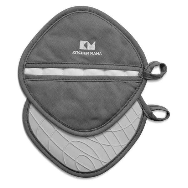 Pair of gray Kitchen Mama silicone pot holders with soft interior and textured heat-resistant surface, laid flat to display both sides.