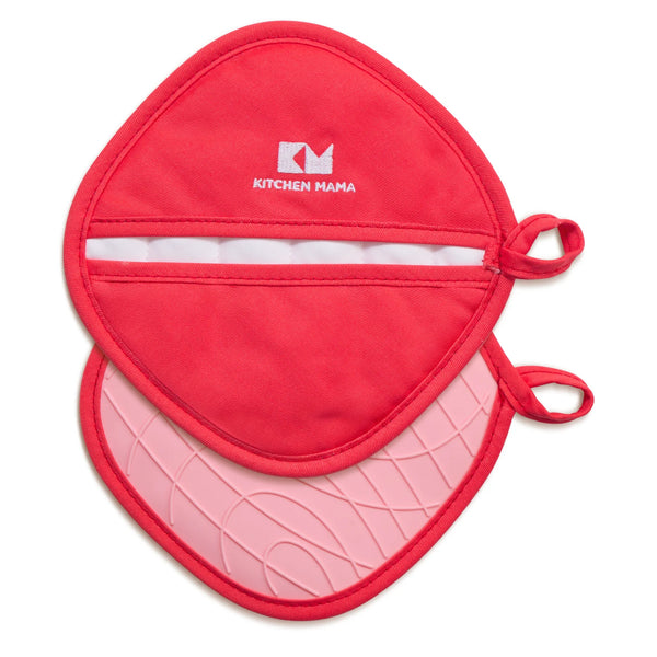Set of two red Kitchen Mama pot holders featuring a soft quilted lining and non-slip pink silicone grip, displayed flat on a white background.