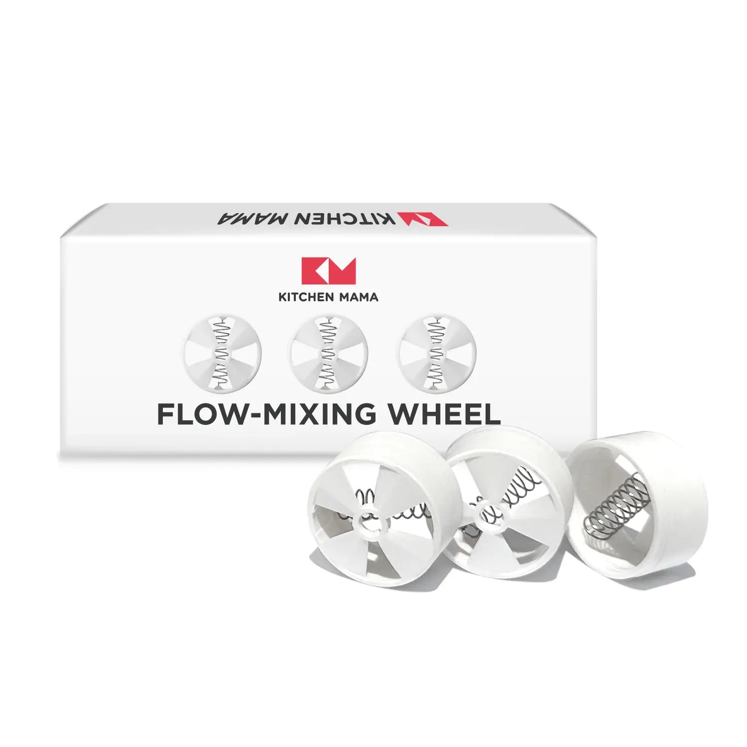 Flow-mixing wheel set with packaging on a white background