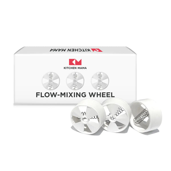 Flow-mixing wheel set with packaging on a white background