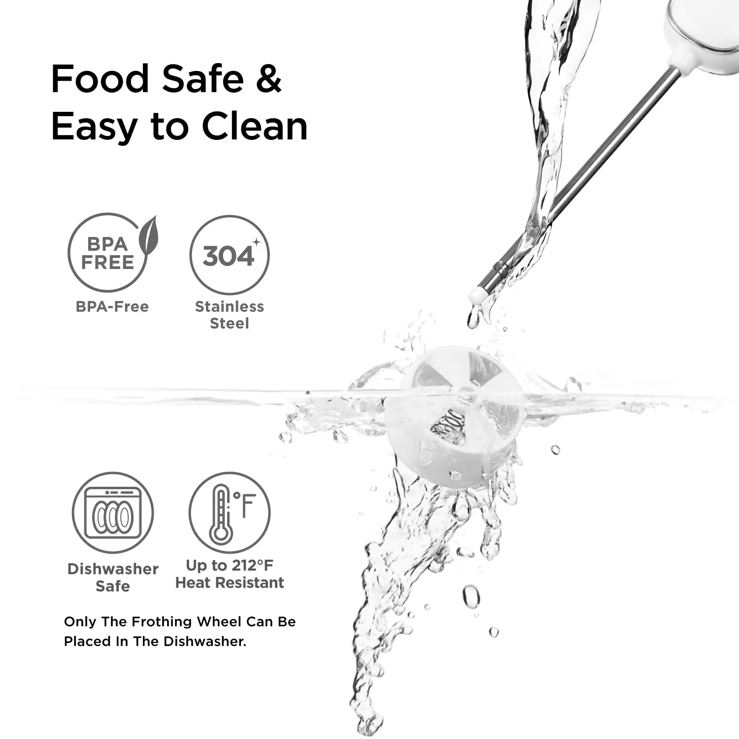 Kitchen Mama Milk Frother being rinsed with water. BPA-Free, 304 Stainless Steel, Frothing Wheel Dishwasher Safe, Up to 212F Heat Resistant.
