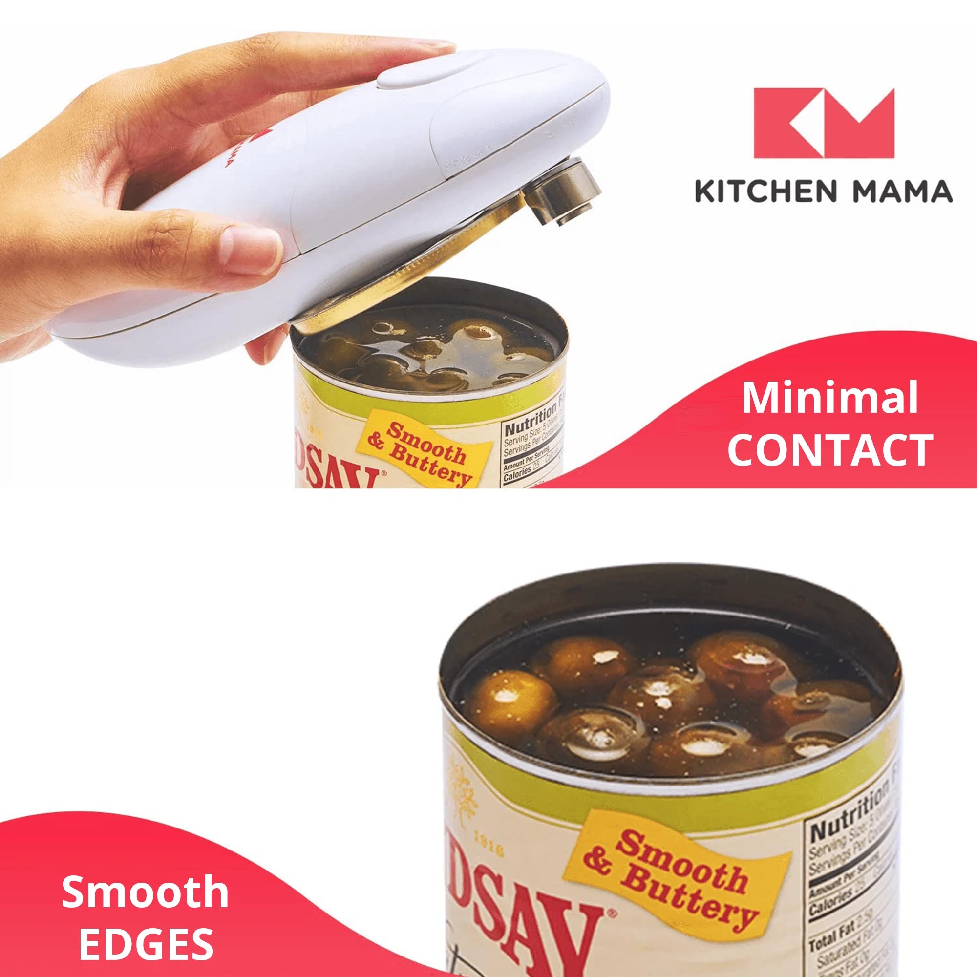 Hand using the Auto 1.0 electric can opener on a can with 'Kitchen Mama' branding and product features highlighted.