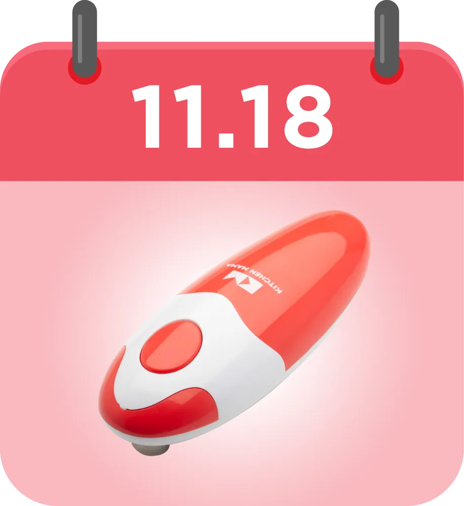 Kitchen Mama red electric can opener featured on a calendar graphic for November 18.
