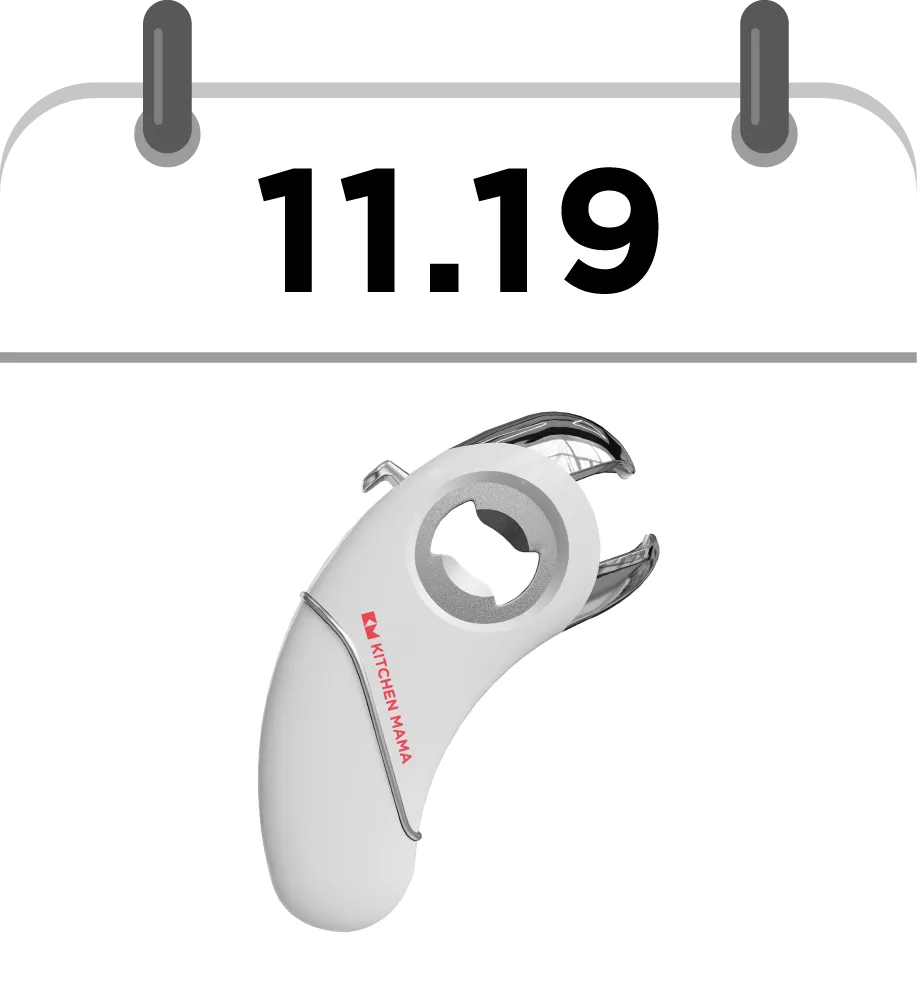 Kitchen Mama white multi-opener displayed on a calendar graphic for November 19.
