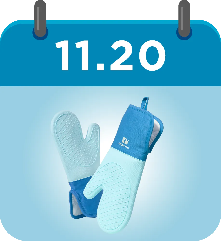 Kitchen Mama blue oven mitts featured on a calendar graphic for November 20.