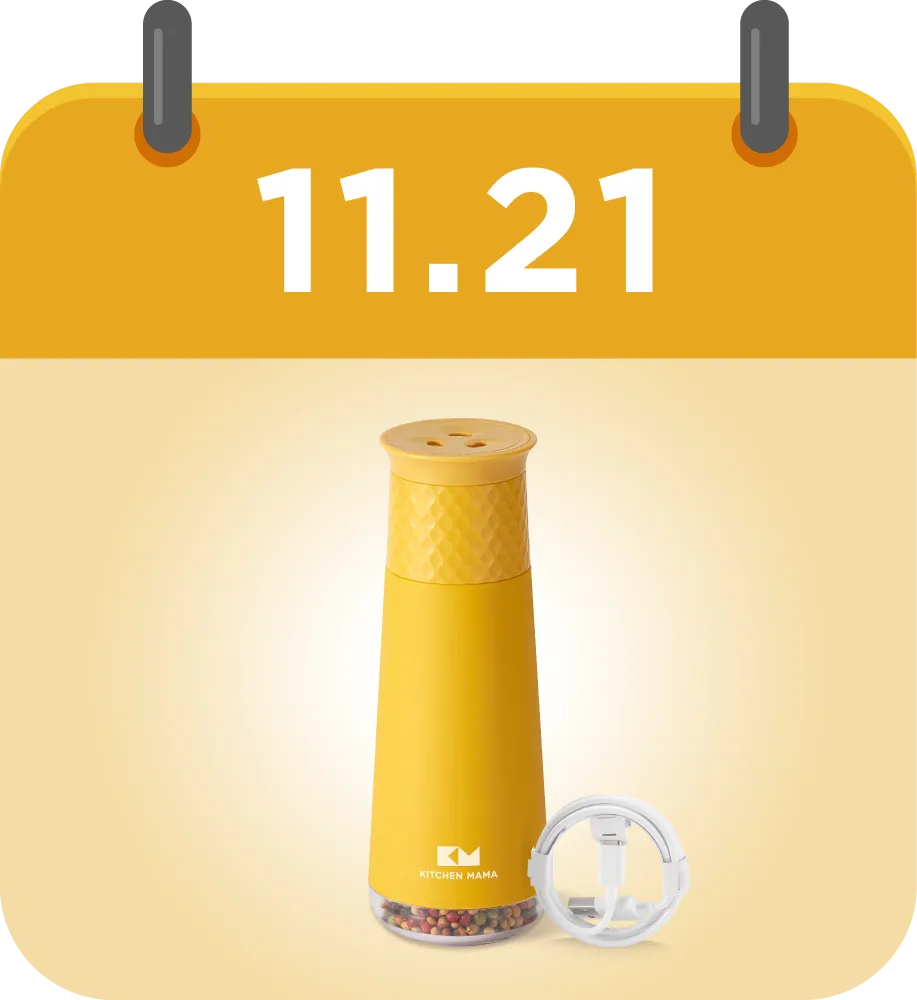 Kitchen Mama yellow rechargeable gravity grinder displayed on a calendar graphic for November 21.