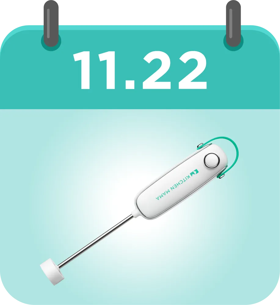 Kitchen Mama teal electric milk frother displayed on a calendar graphic for November 22.