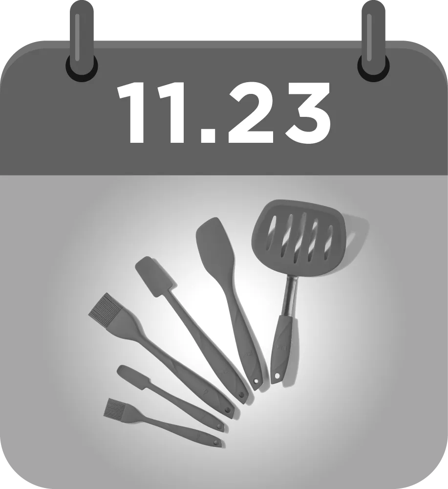Kitchen Mama gray silicone kitchen utensil set displayed on a calendar graphic for November 23.