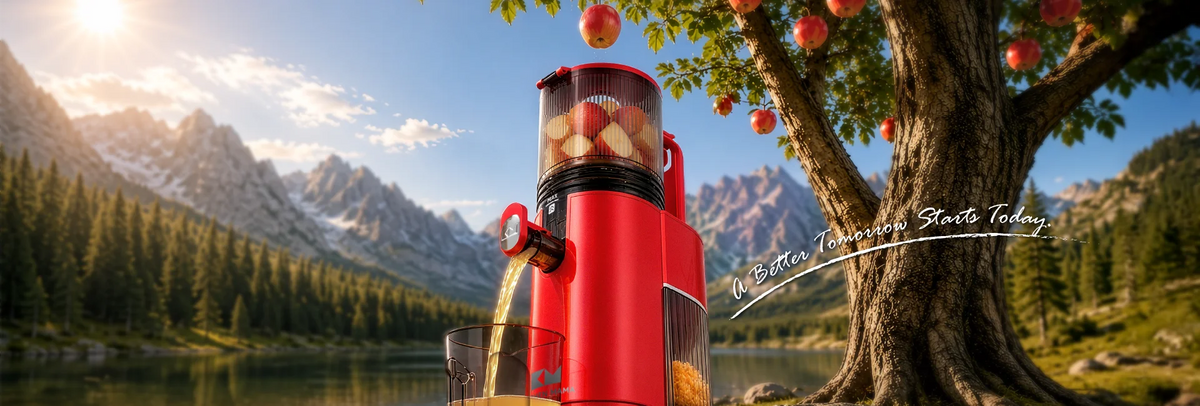 Kitchen Mama EverVive cold press juicer extracting fresh apple juice in a scenic mountain and lake setting.