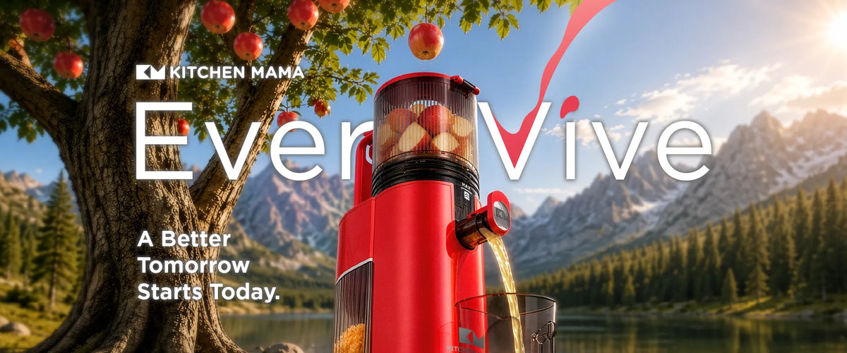 Kitchen Mama EverVive cold press juicer making fresh apple juice against a scenic mountain and lake backdrop.