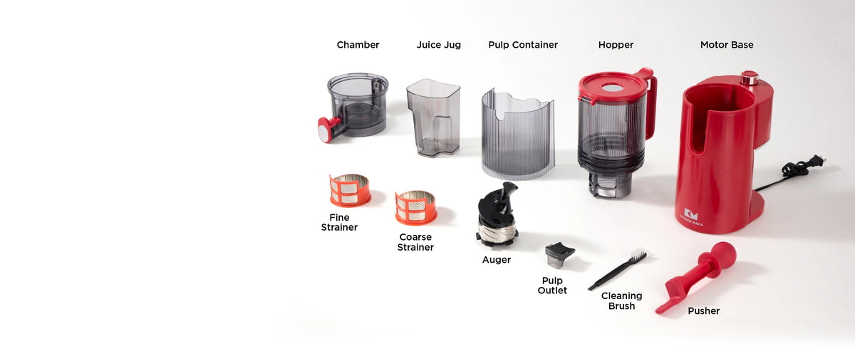 Kitchen Mama EverVive cold press juicer parts and accessories, including hopper, strainers, auger, juice jug, pulp container, and cleaning brush.