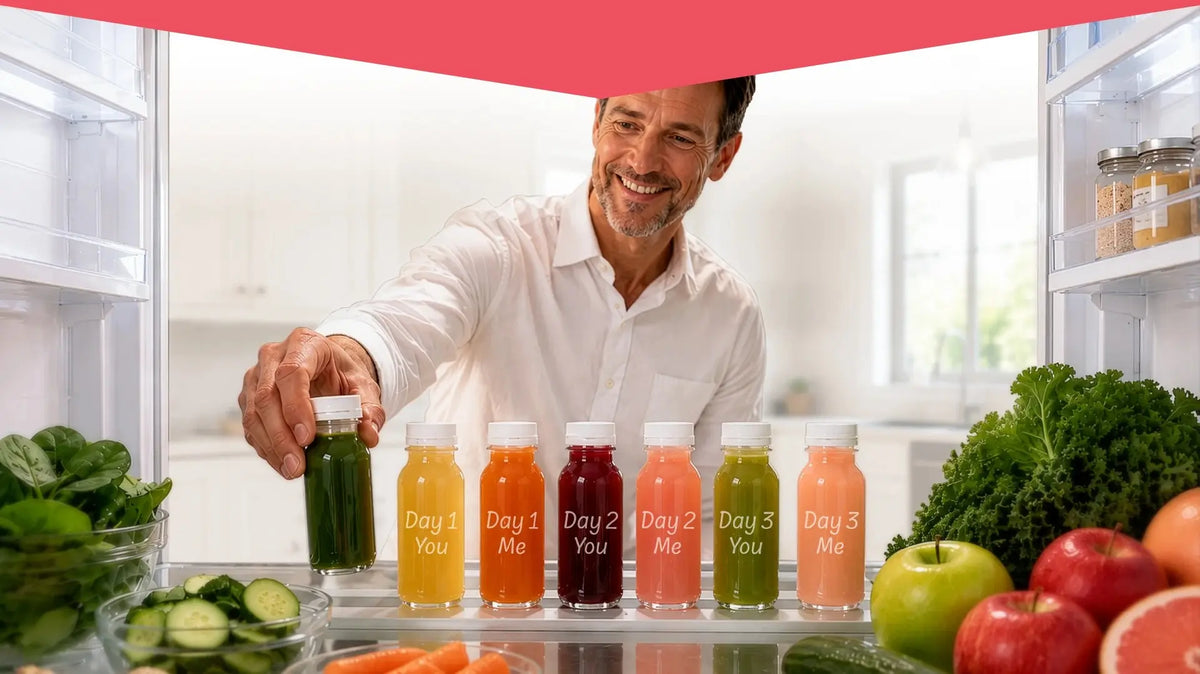 Seven bottles of fresh juice labeled Monday through Sunday with fruits and vegetables in a refrigerator.