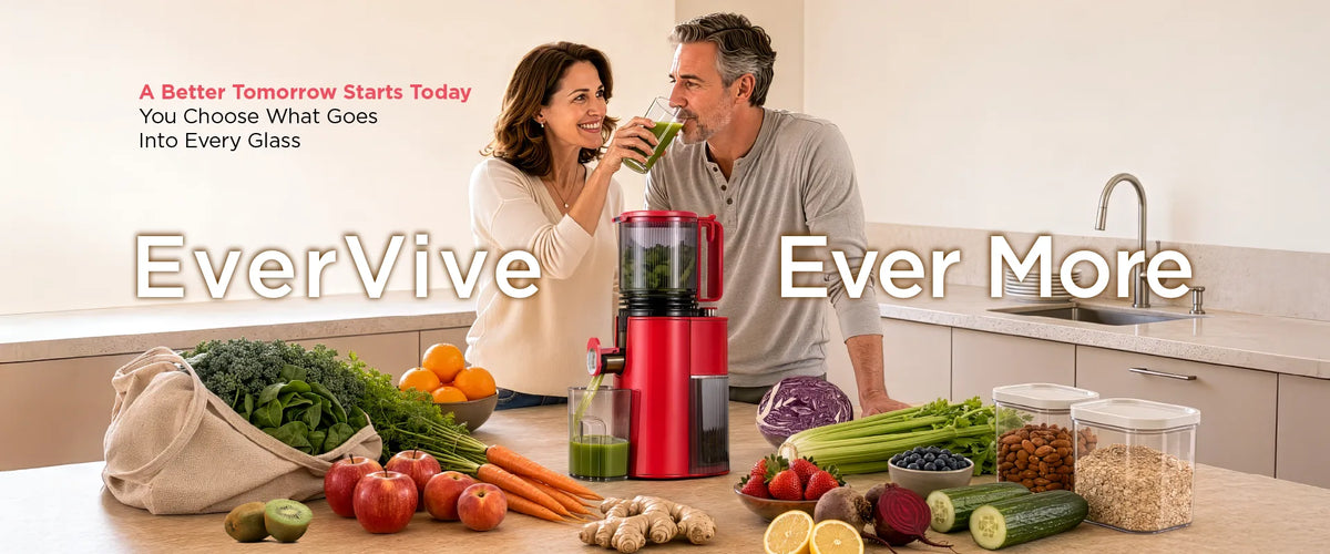 Kitchen Mama EverVive cold press juicer with a couple enjoying fresh green juice surrounded by fruits and vegetables.