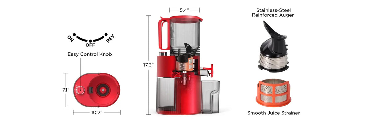 Kitchen Mama EverVive cold press juicer dimensions with easy control knob, stainless steel-reinforced auger, and smooth juice strainer.