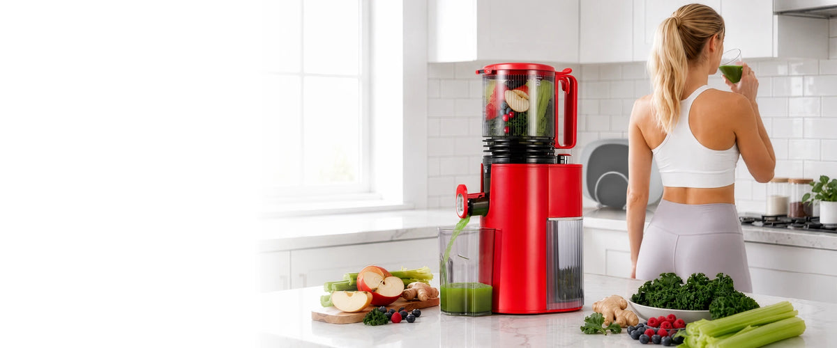Kitchen Mama EverVive cold press juicer making fresh green juice with fruits and vegetables in a bright kitchen.