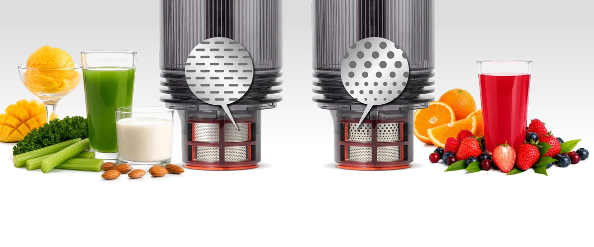 Kitchen Mama EverVive cold press juicer strainers for different juice textures, shown with green juice, nut milk, and fruit juice.