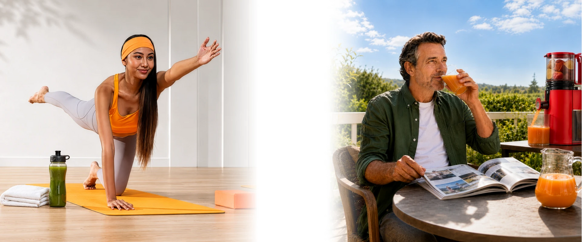 Active lifestyle scenes featuring fresh green and orange juice, from morning yoga to relaxing outdoors with the Kitchen Mama EverVive cold press juicer.