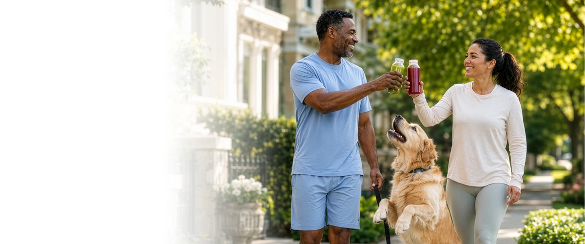 Couple enjoying fresh green and red juices during a morning walk with their dog, inspired by the Kitchen Mama EverVive healthy lifestyle.