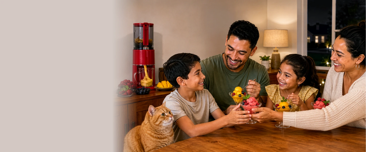 Family enjoying colorful homemade frozen fruit treats together with the Kitchen Mama EverVive cold press juicer at home.
