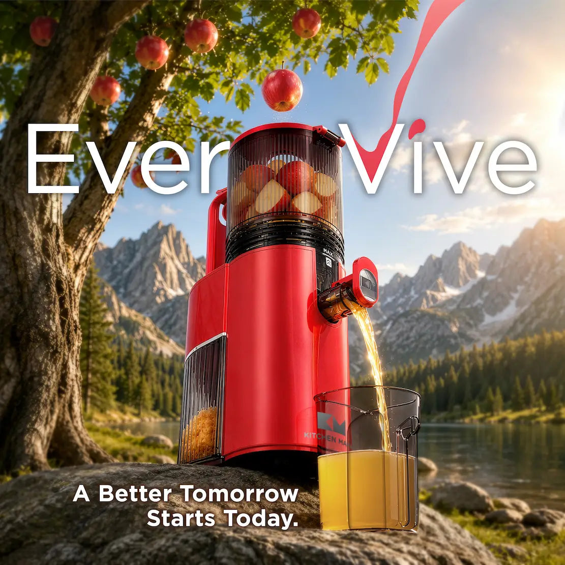 Kitchen Mama EverVive red cold press juicer with fresh apple juice in an outdoor lifestyle setting