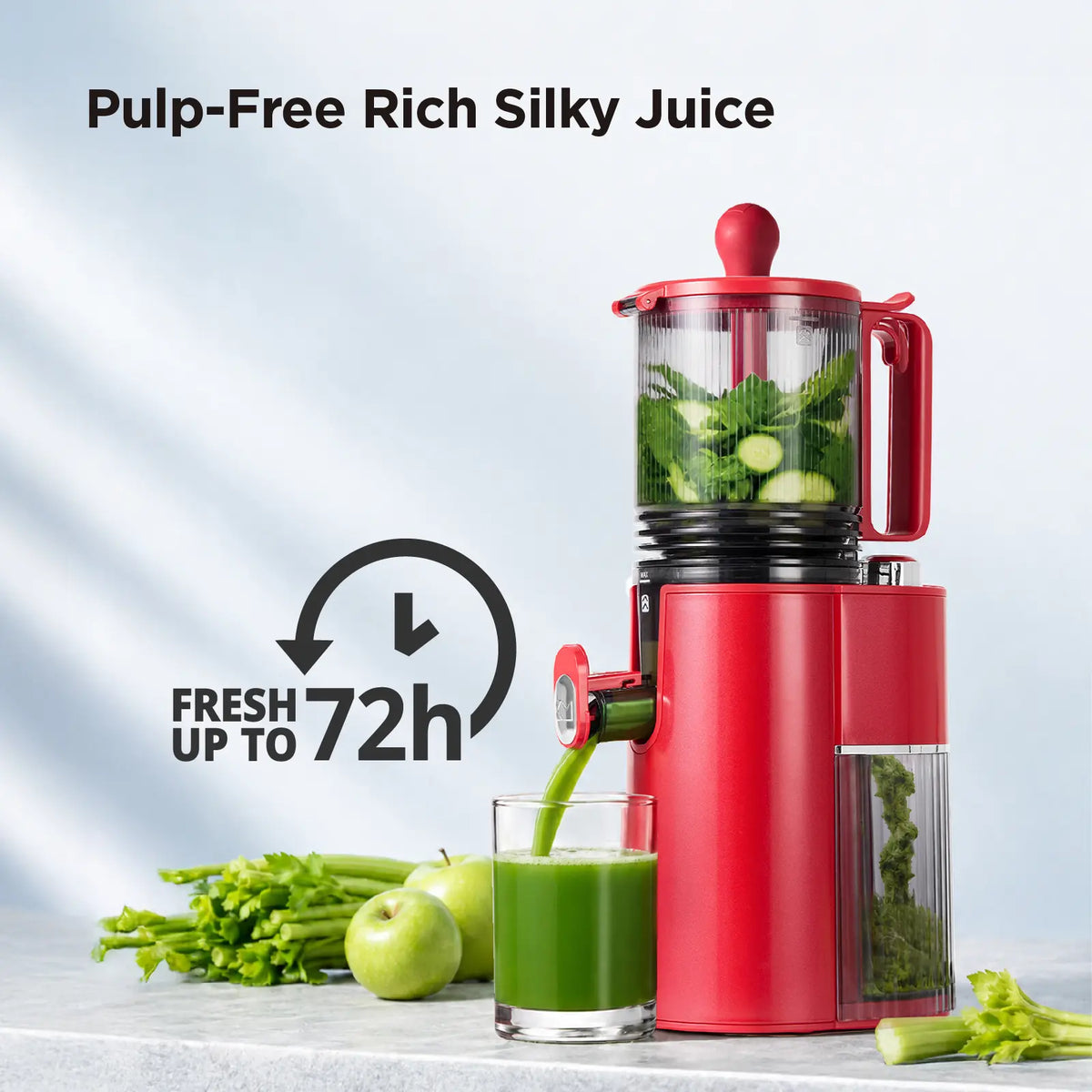 EverVive cold press juicer separating juice and pulp for a smooth, pulp-free juice texture