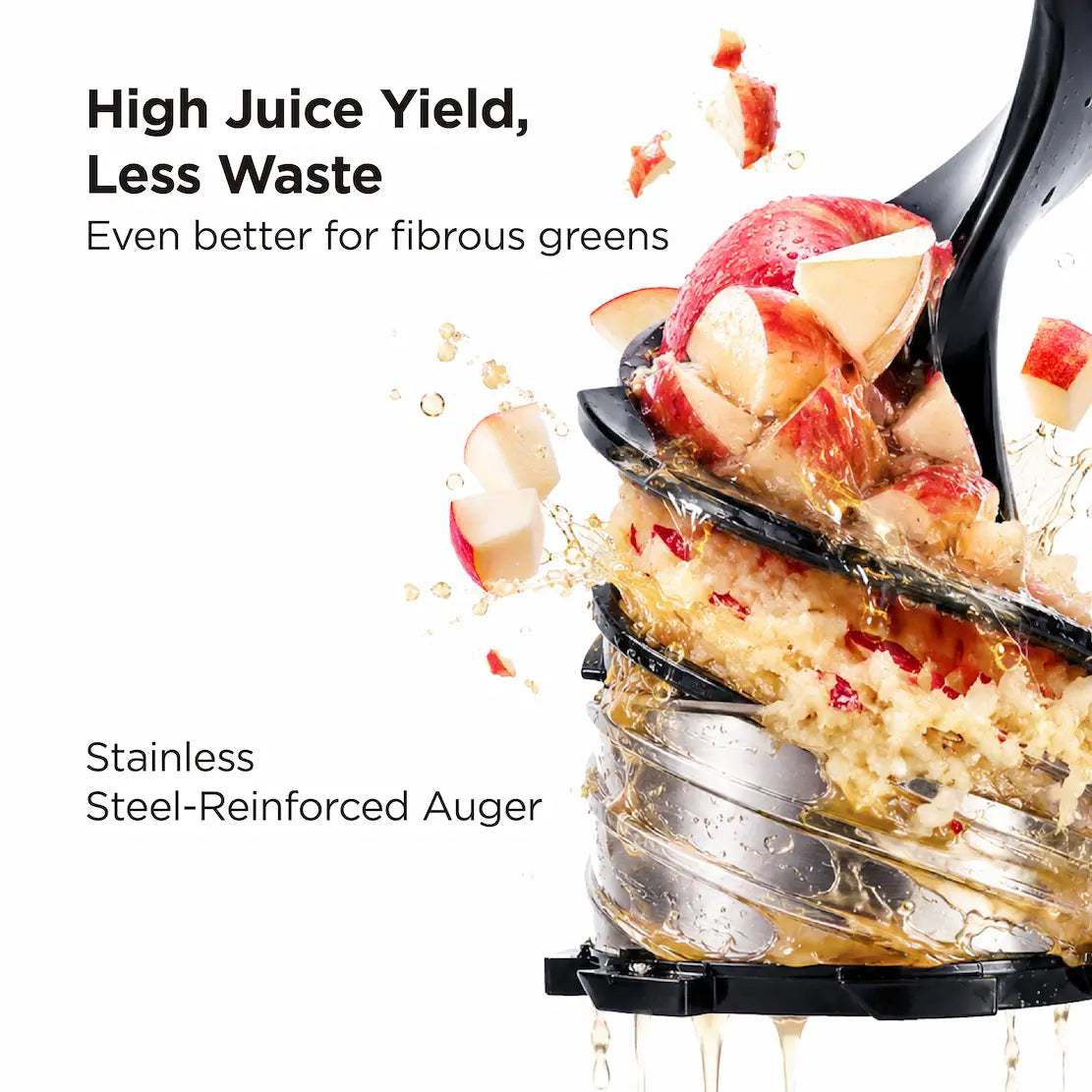 EverVive cold press juicer extracting apples with stainless steel-reinforced auger for high juice yield and less waste