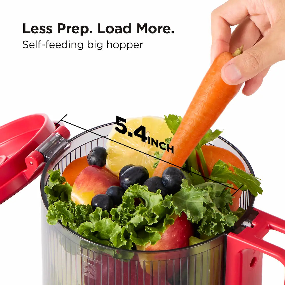 Kitchen Mama EverVive cold press juicer with 5.4-inch self-feeding hopper for fruits and vegetables